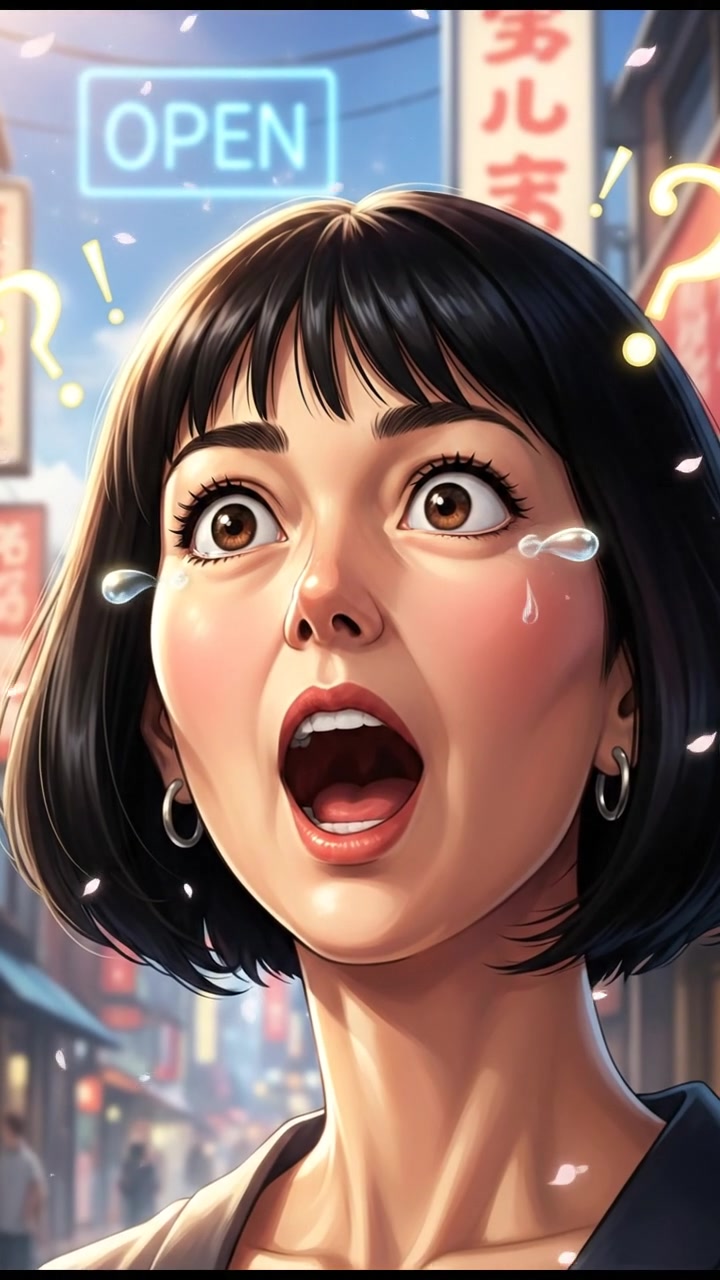 A close-up of Li's face, showing her astonished expression as she looks at the fixed sign.