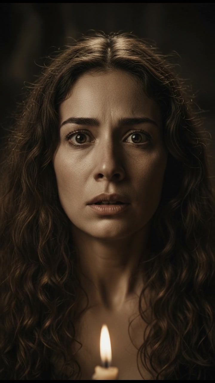 Close-up of Maya's terrified face, illuminated by a flickering light.