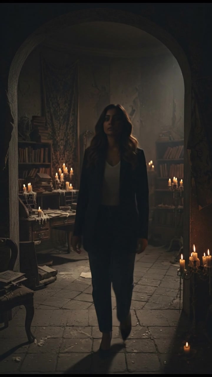 Priya standing in front of the room, looking at it with intense recognition.