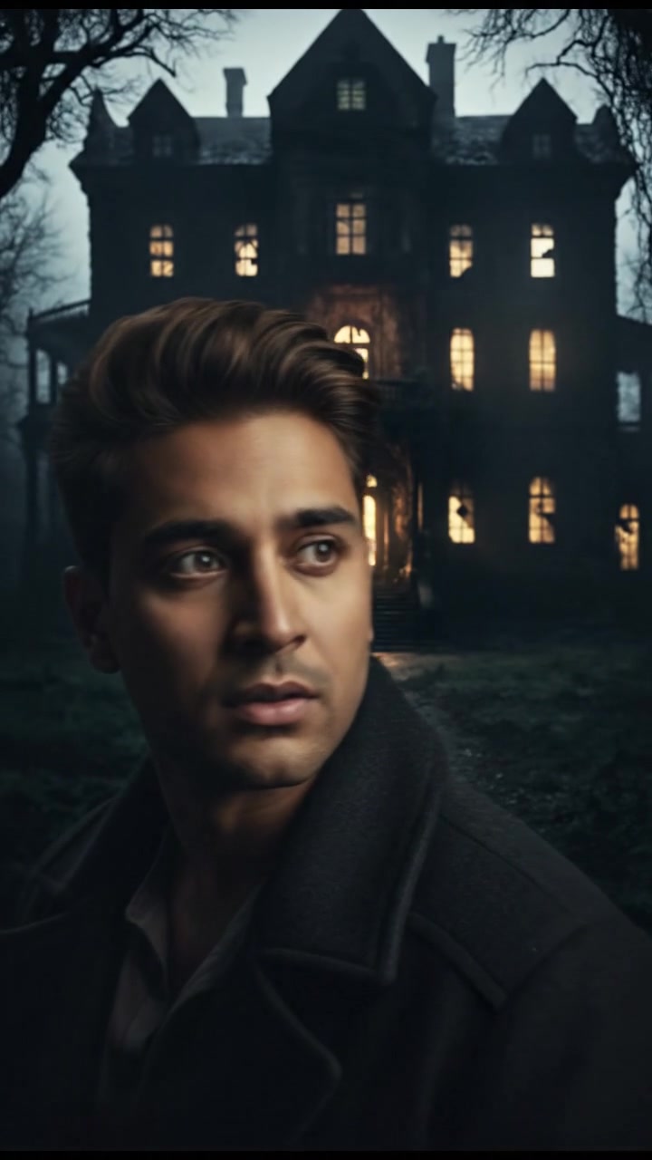Close-up of Arjun, with a curious expression as he gazes at the spooky mansion from a distance.
