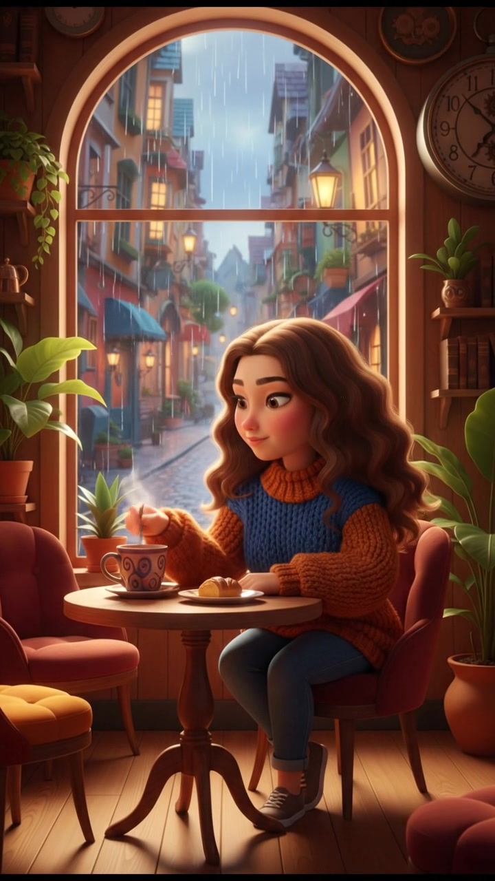 Lena sitting at a small table in a cozy coffee shop, looking thoughtfully out the window.