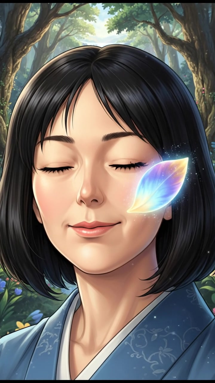A close-up of Li as a glowing petal touches her cheek, illuminating her face.
