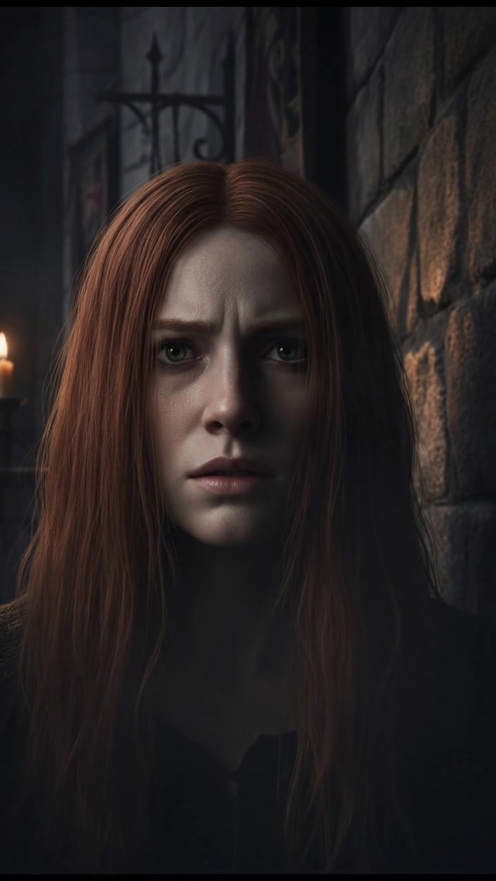 Close-up of Emma's worried face, fearful of the mysterious surroundings.