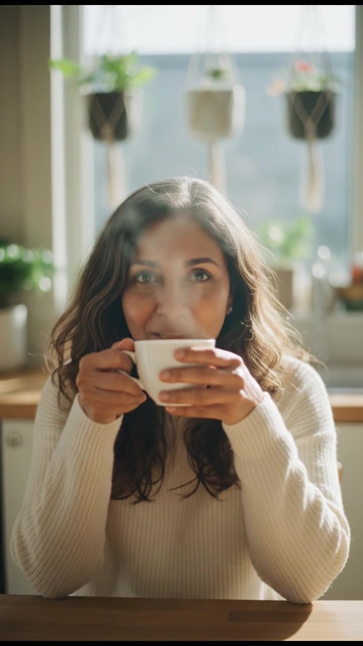 A close-up of Asha smiling gently, sitting at a kitchen table with a cup of tea.