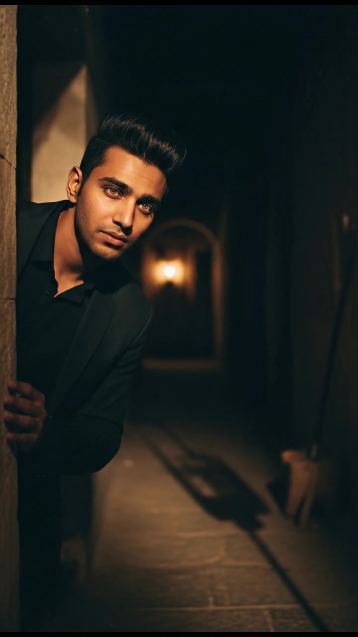 A shadowy view of the corridor showing deep darkness, with Arjun cautiously peering inside.