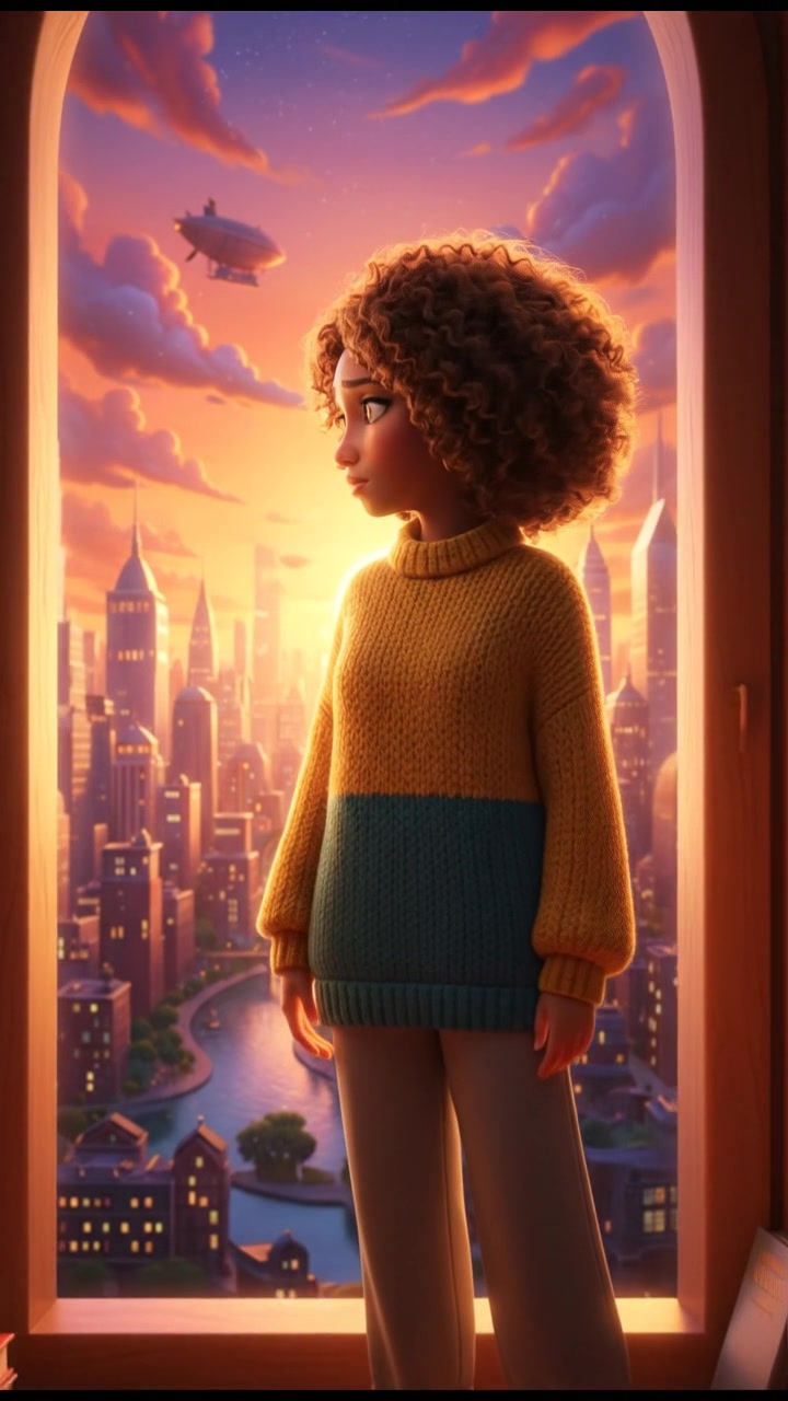 Nia, standing with a thoughtful expression, gazes out of a large window at a city skyline during sunset.