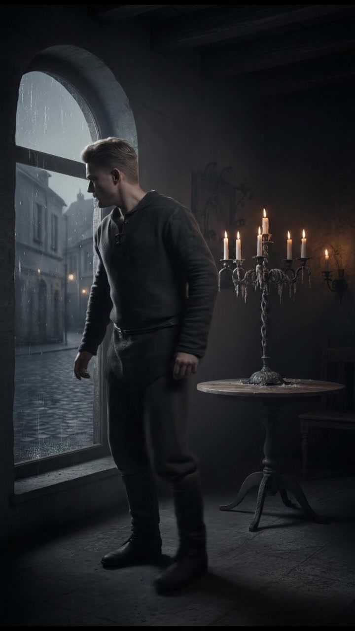 Ryan standing by the window, with a nervous expression, observing outside.