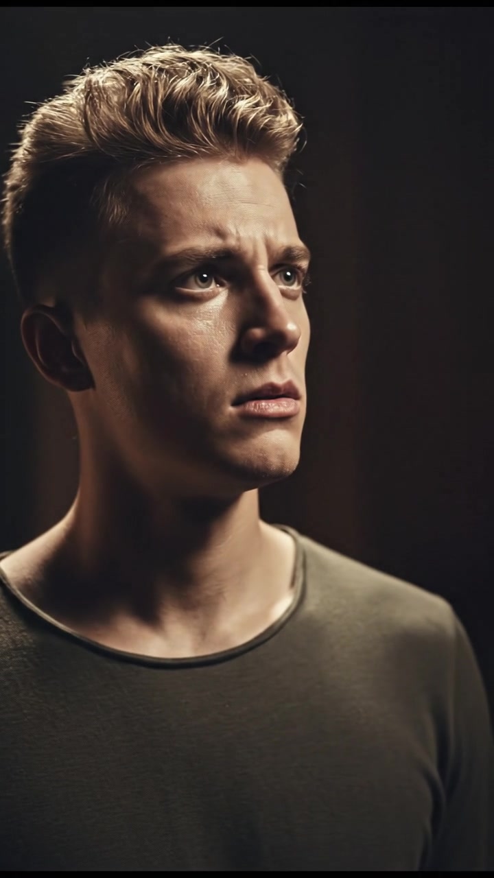 A portrait of Ryan standing alone in a dimly lit room, looking distressed, reflecting his troubled mind.