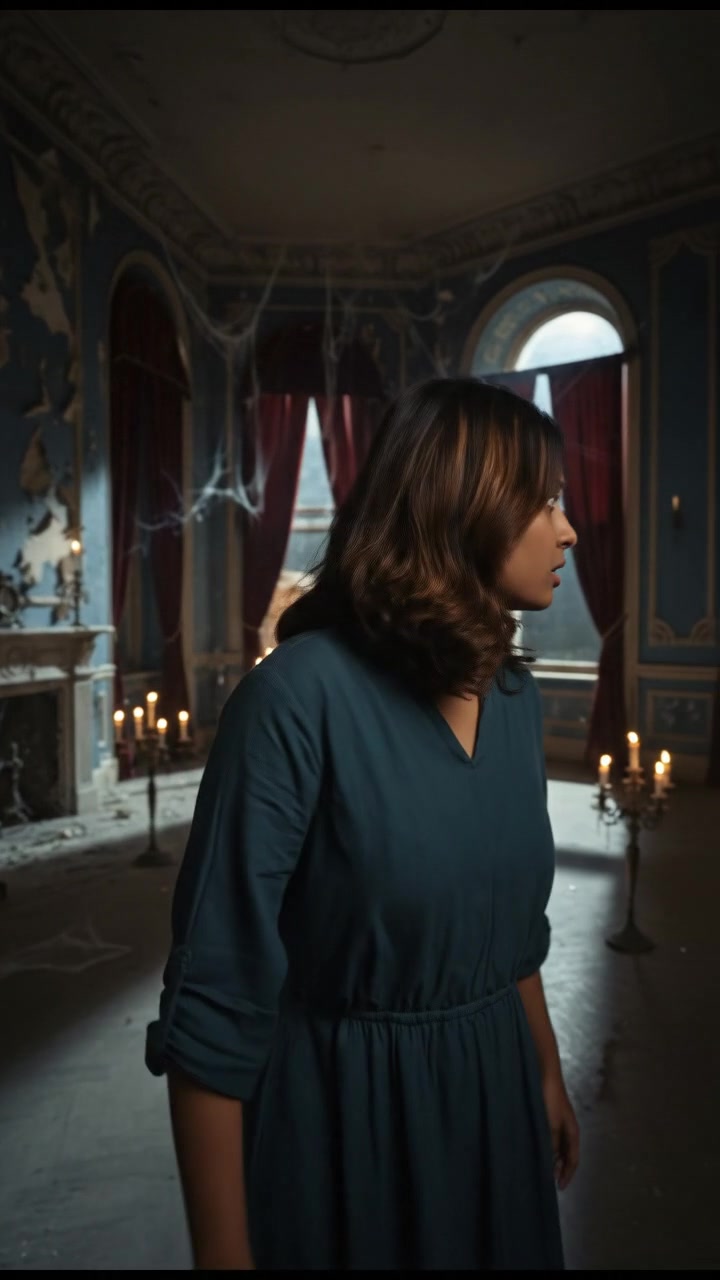 Priya, looking back nervously, sees an empty room with no one behind her.