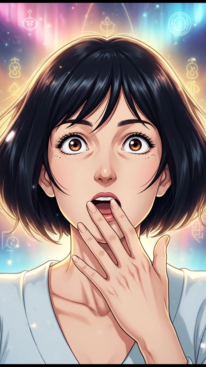 A close-up of Li looking amazed, with soft light glowing around her.