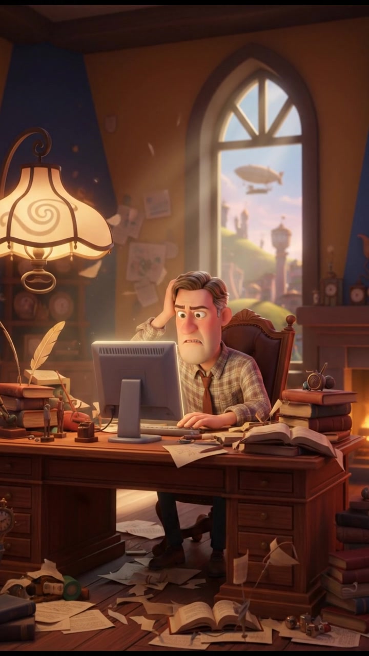 Mark sitting at a cluttered desk, with papers scattered around and a frown on his face.