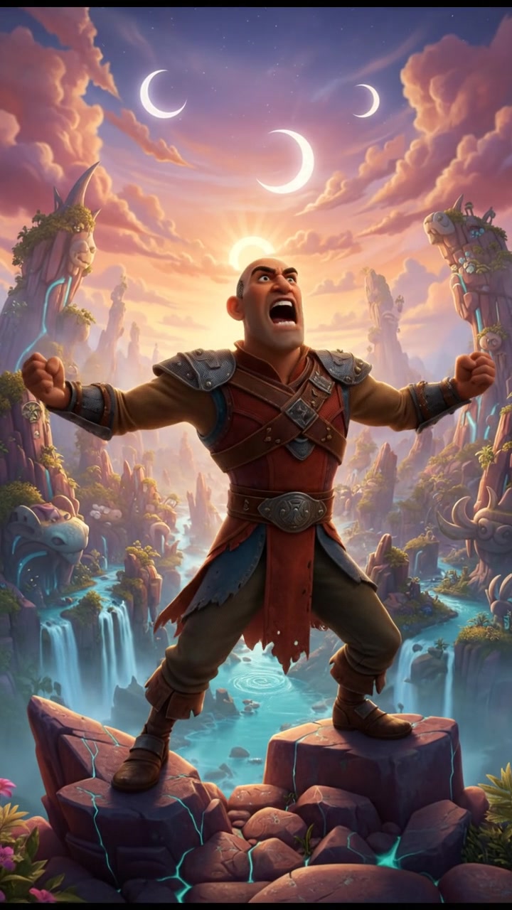 Carlos stands on a rocky outcrop, shouting defiantly with a fierce expression.