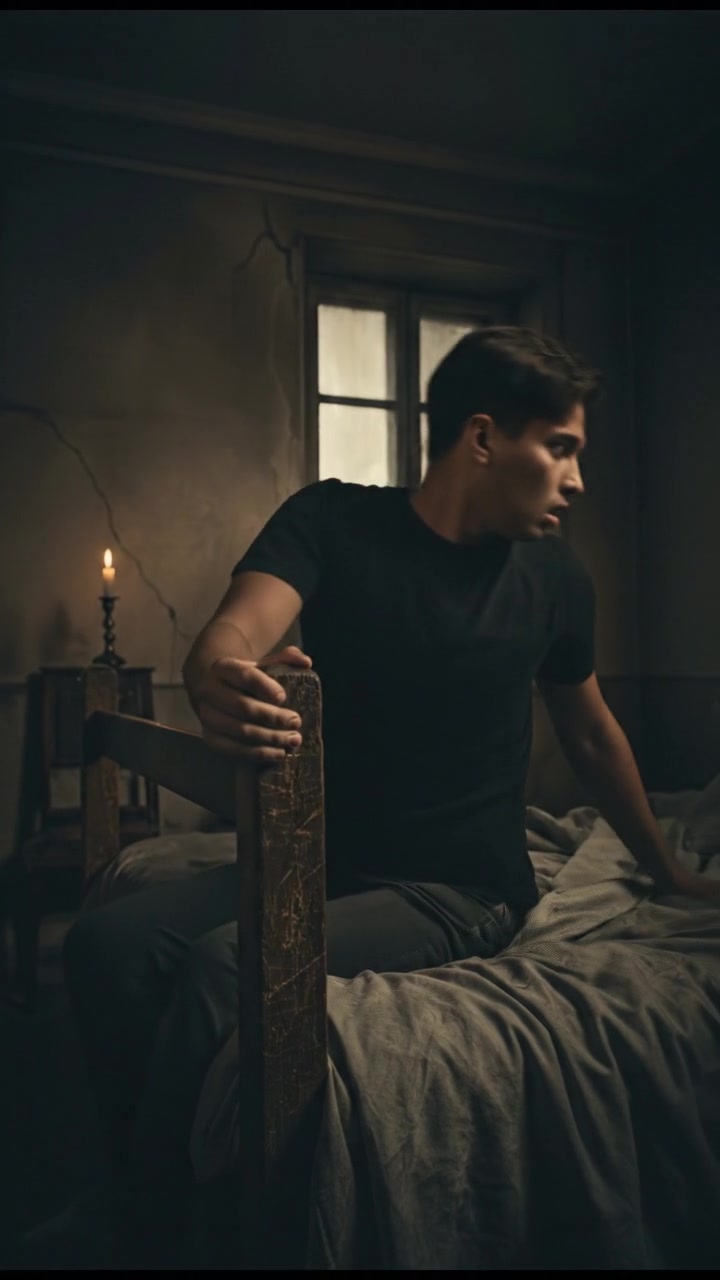 Arjun gripping the bed tightly, looking terrified as he hears a noise outside.