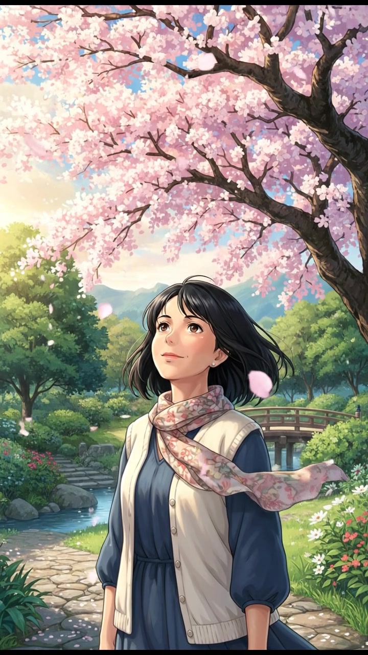 Li standing beneath the cherry blossom tree, looking up as petals fall around her, lost in thought.