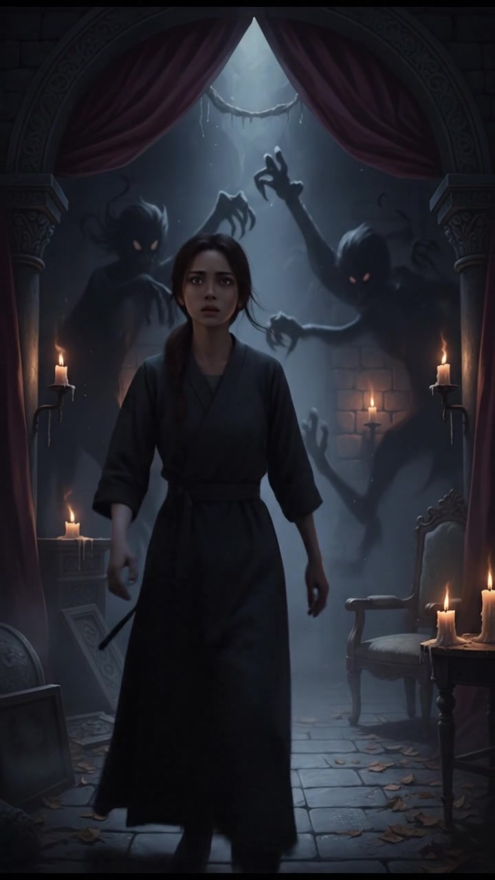 A young woman, Mei, stands in a dimly lit room, looking disturbed as shadows loom around her.