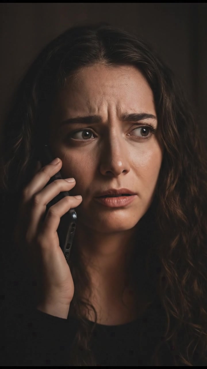 Maya, holding her phone tightly, expresses her fears during the call.