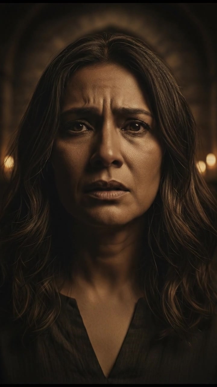 A close-up of Asha's worried expression, her brow furrowed, with shadows cast across her face.