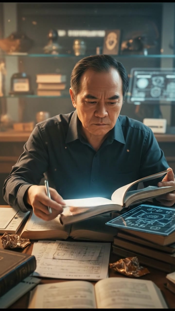 Hiro sitting at a desk cluttered with notes and alien language books, looking determined.