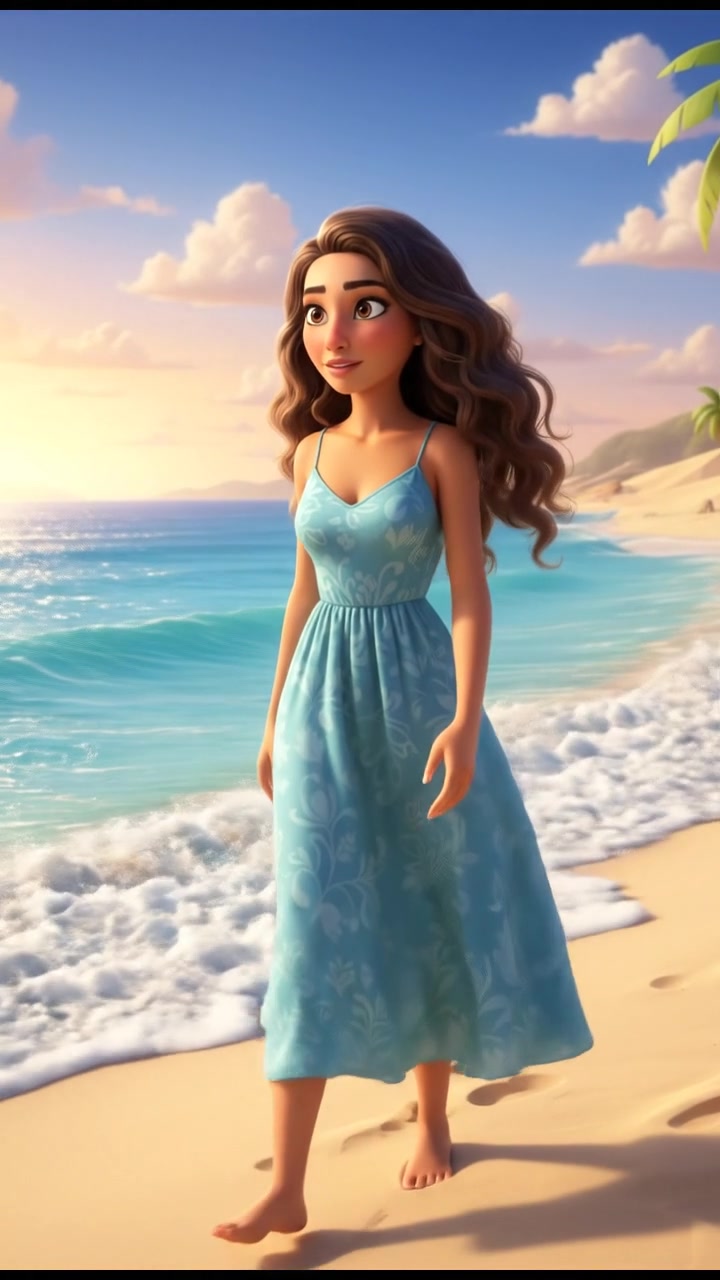 Maya stands on a sandy beach, gazing at the ocean waves under a sunny sky.
