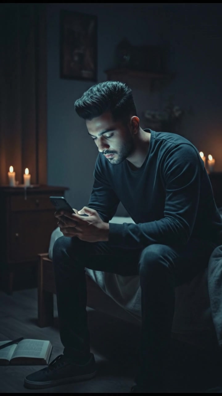 Arjun sitting on his bed at night, looking at his mobile phone screen.