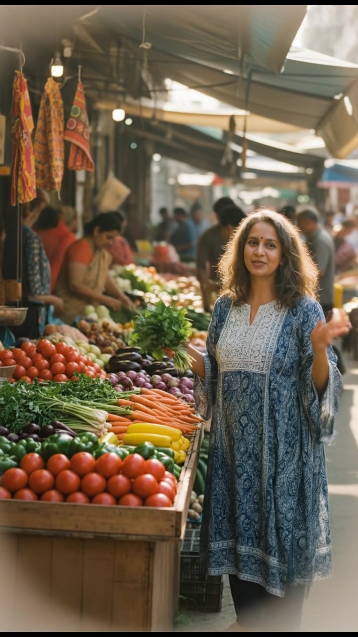 Asha stands in a vegetable market, surrounded by colorful vegetables and a vibrant stall.