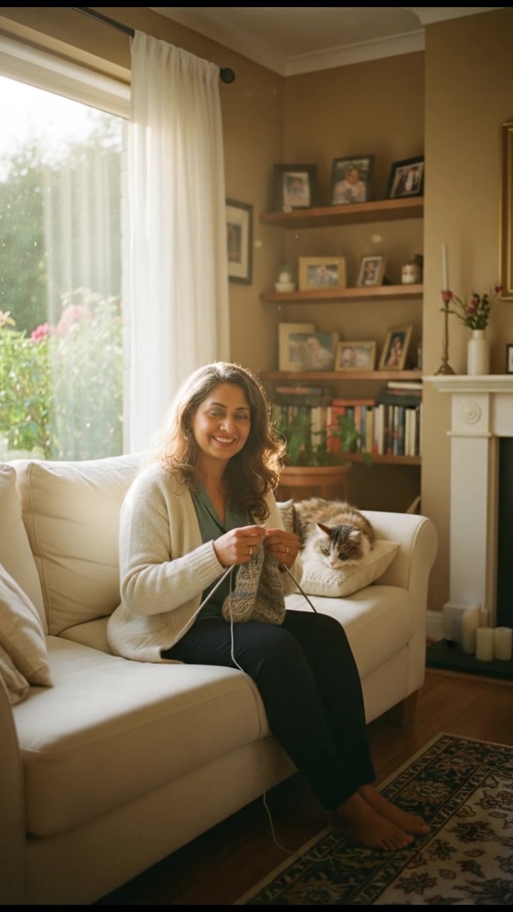 A cozy living room with Asha sitting on a sofa, knitting quietly by a window with sunlight pouring in.