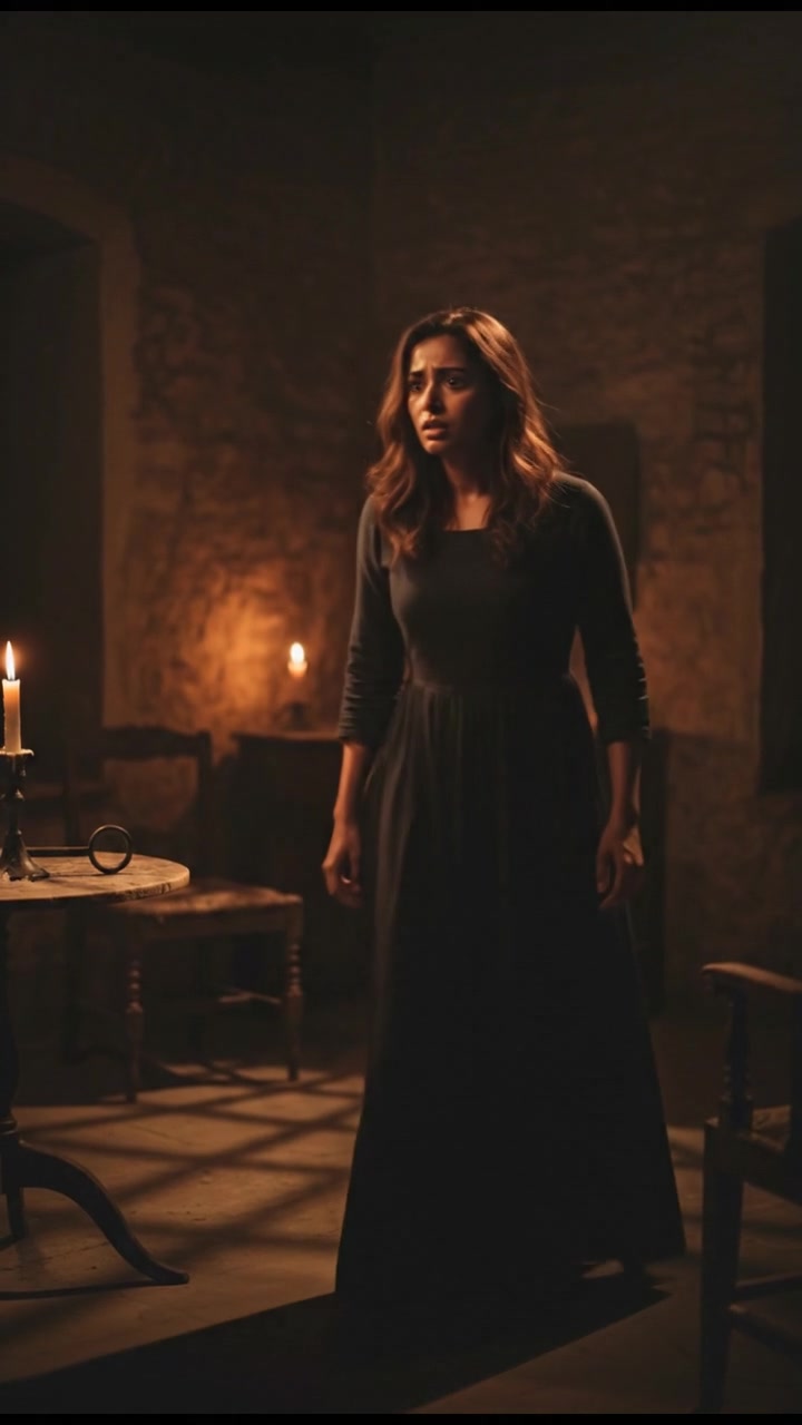 Neha standing in a dimly lit room, looking nervously at a shadowy corner.