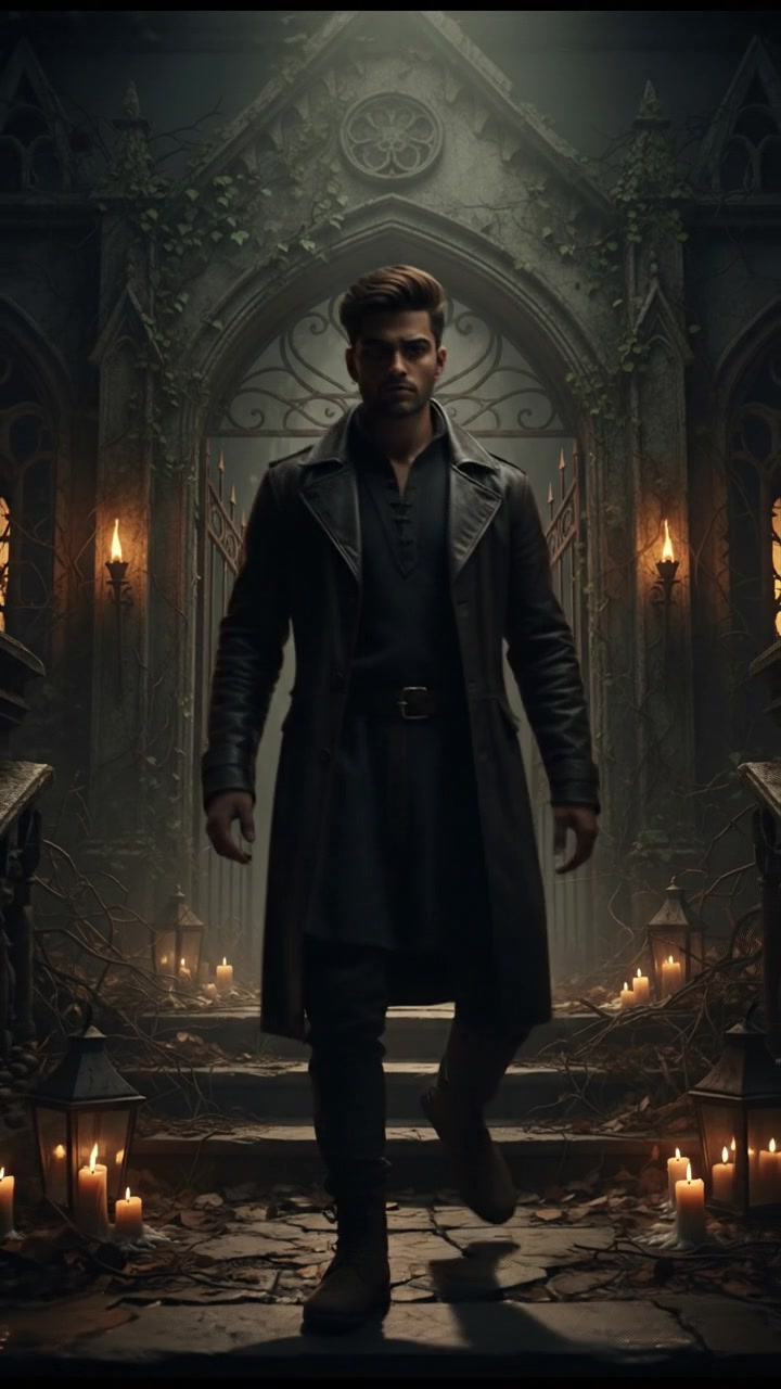Arjun standing bravely at the entrance of the mansion, looking determined.