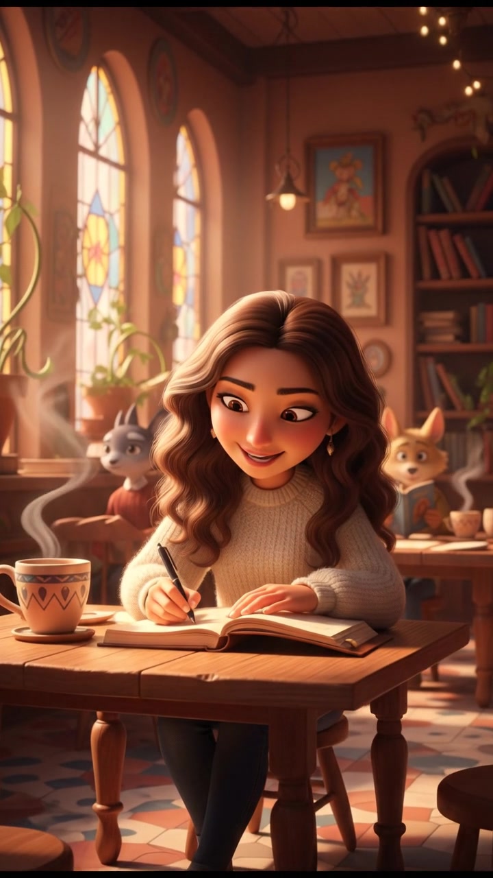 Maya sitting at a wooden table in a cozy café, writing in a notebook, with a cup of coffee beside her.