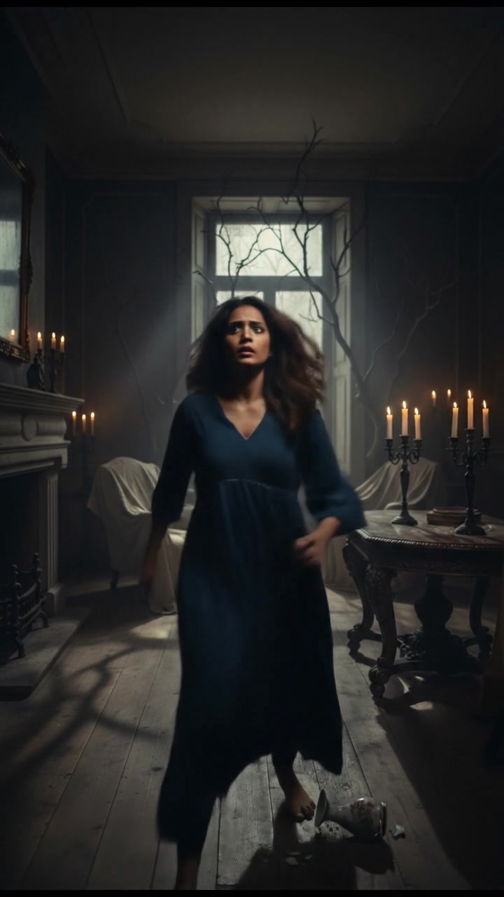Priya turns quickly, her eyes wide with fear as she searches the room for the source of the noise.