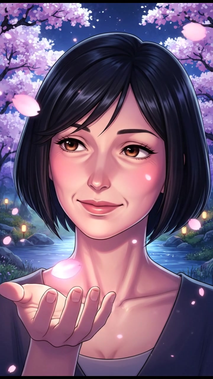 Close-up of Li's face illuminated by a glowing cherry blossom petal in her hand.
