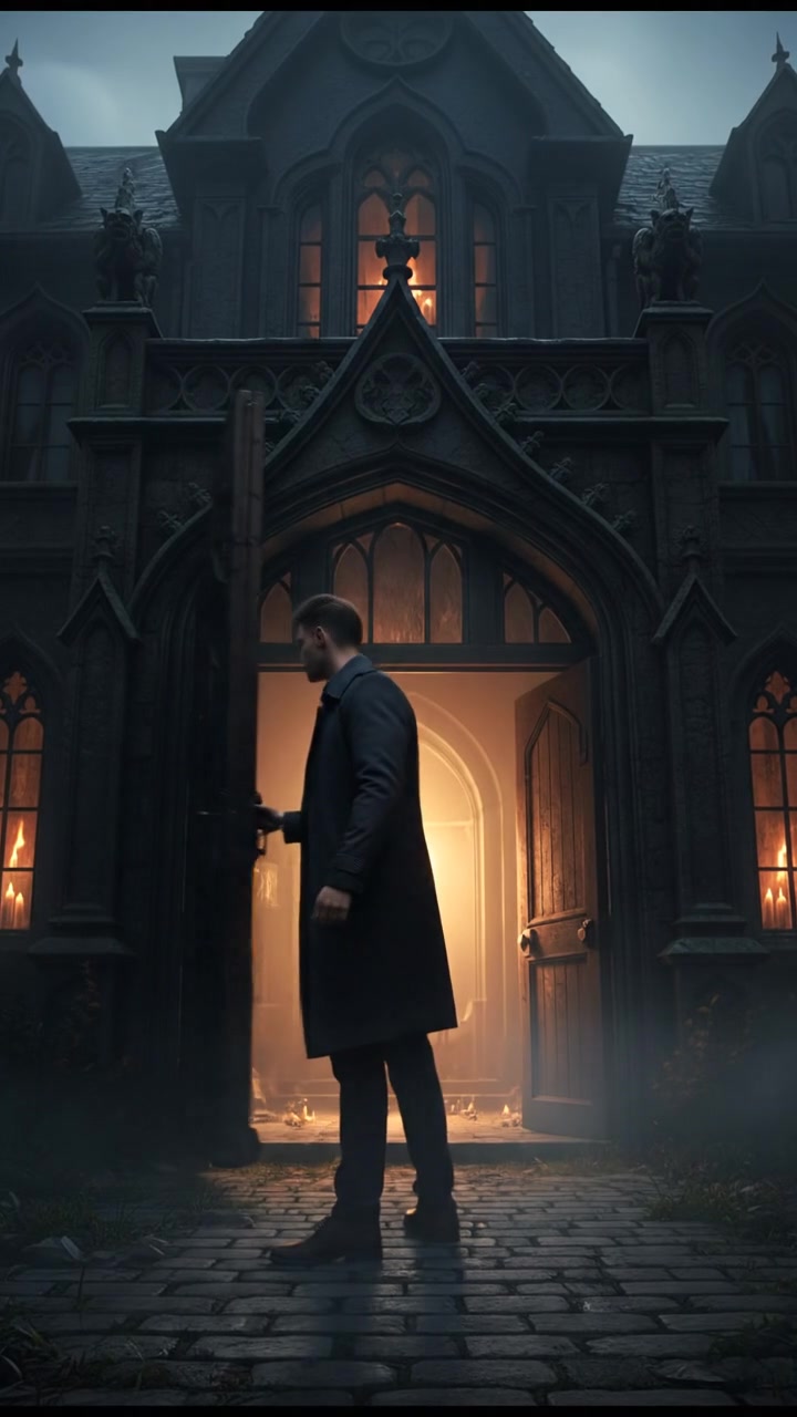 A young man, Arjun, standing at the entrance of the mansion, looking determined as he prepares to enter.