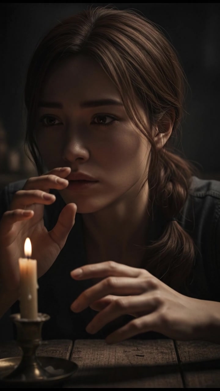 A close-up of Mei's trembling hands as she whispers, looking anxious.