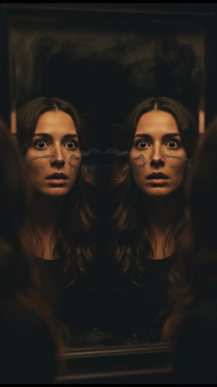 Close-up on Maya's face showing shock and confusion as the reflection mimics her.