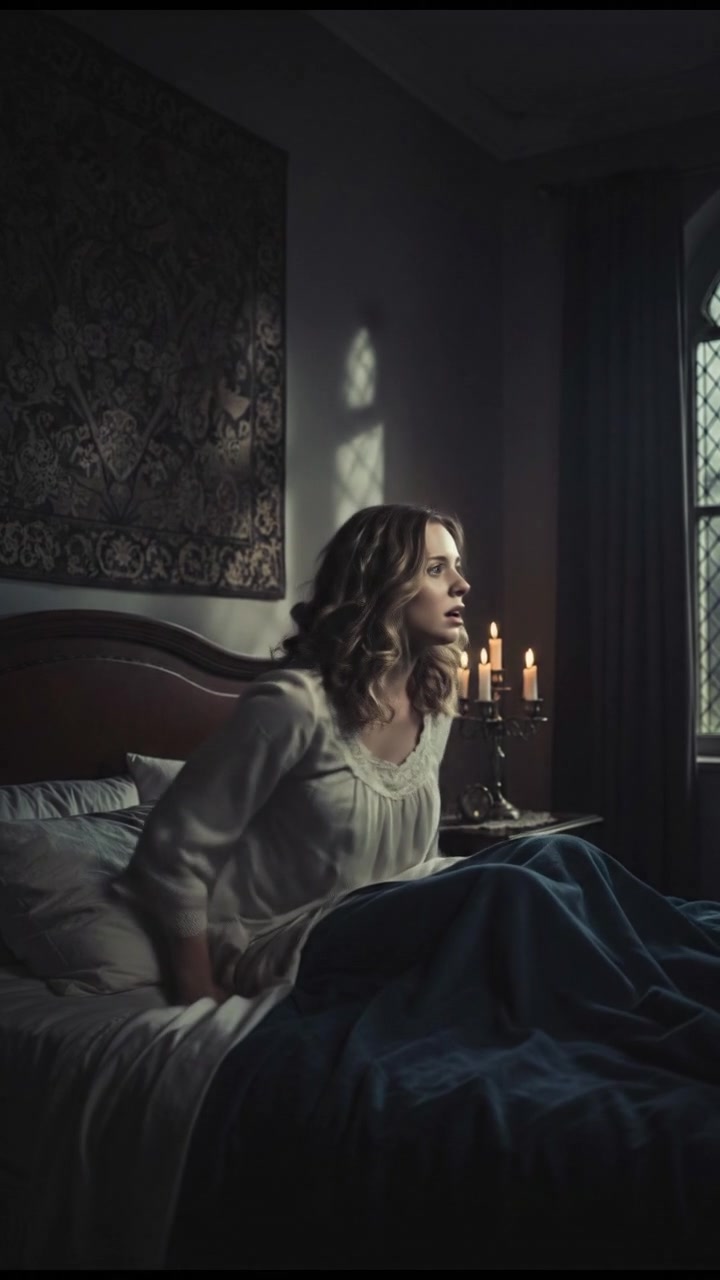 Ashley sitting upright in her bed, eyes wide, with a startled expression.