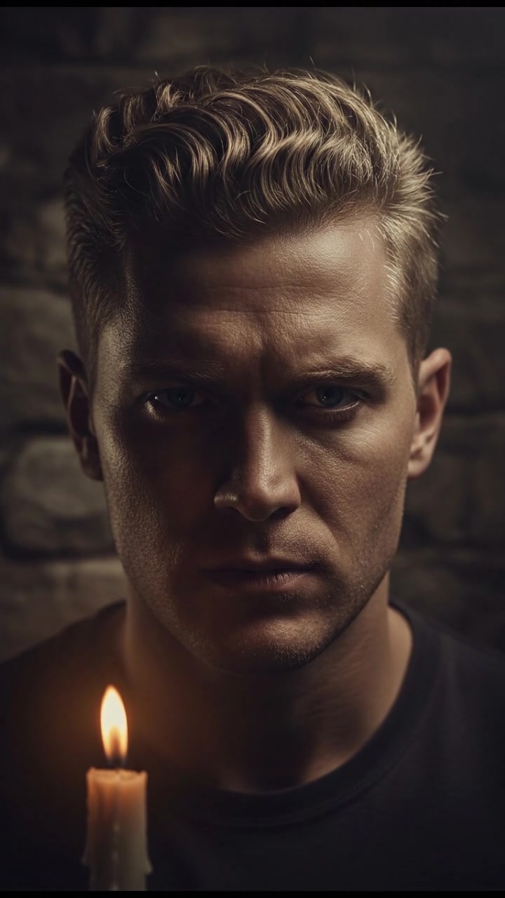 A close-up of Ryan's determined face, with his blue eyes focused ahead.