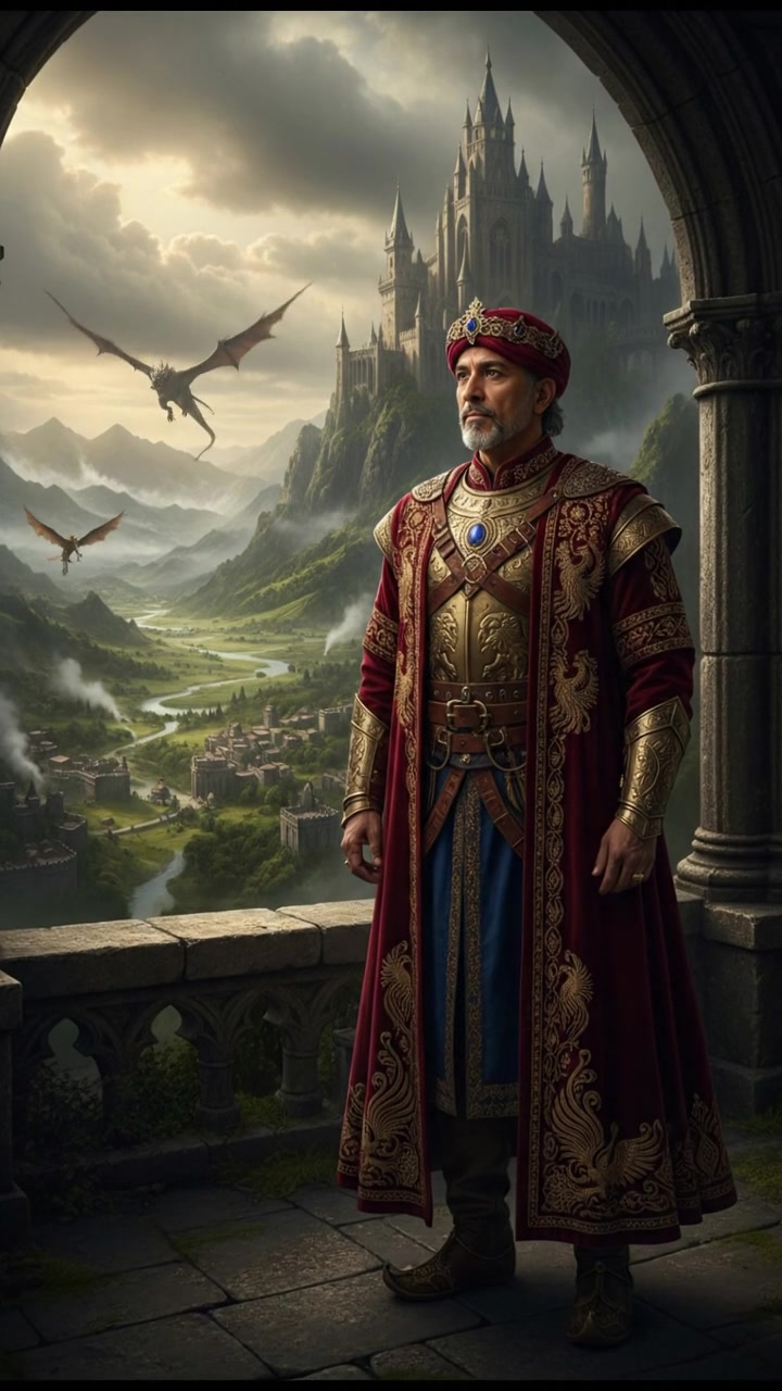 Raj, wearing traditional Indian royal attire, stands on a balcony overlooking his kingdom.