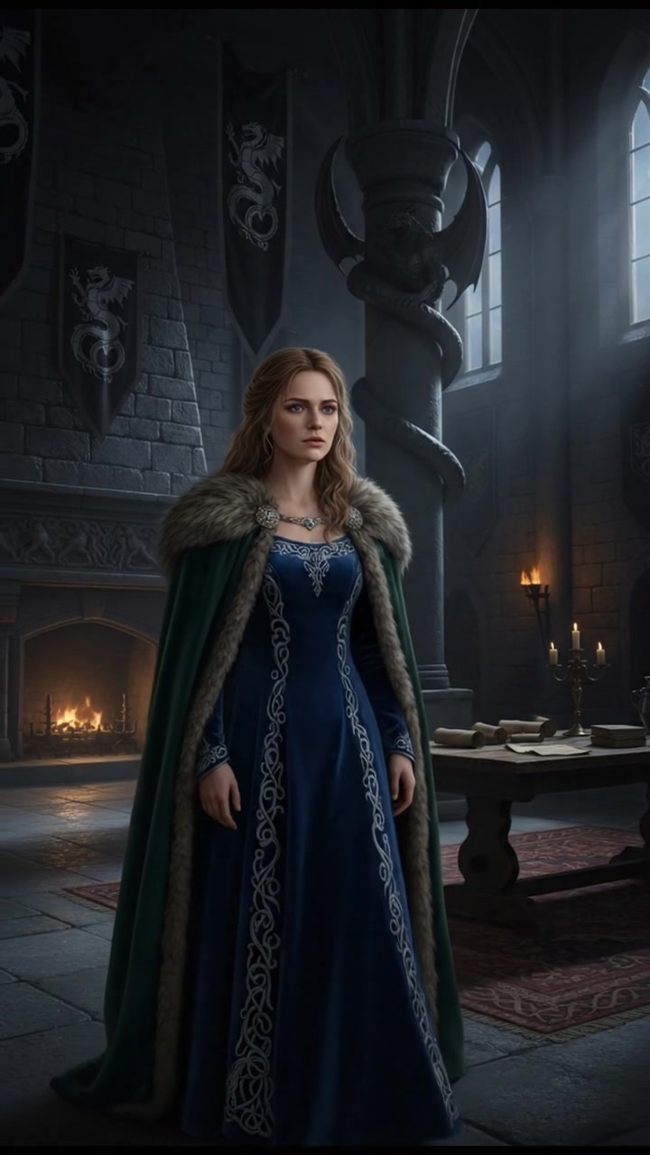 Ashley looking uncertain, standing in a dimly lit room.