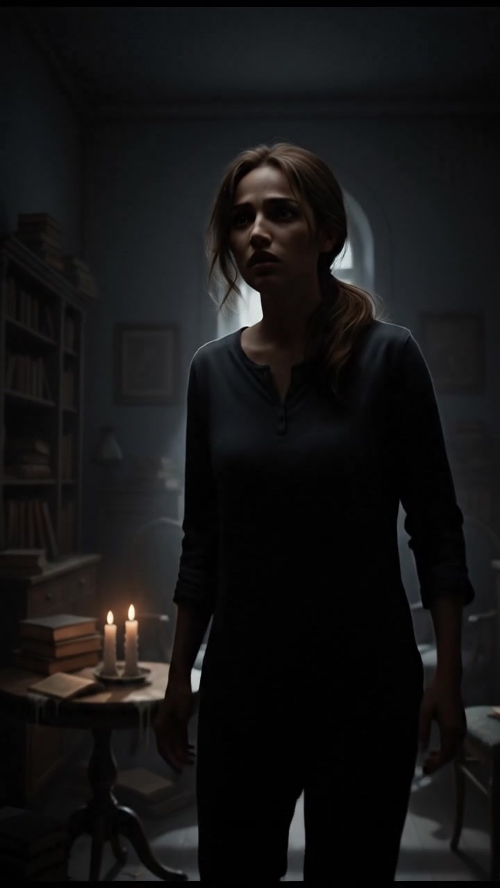 Mei, standing in her dimly lit apartment, looking around with a worried expression.