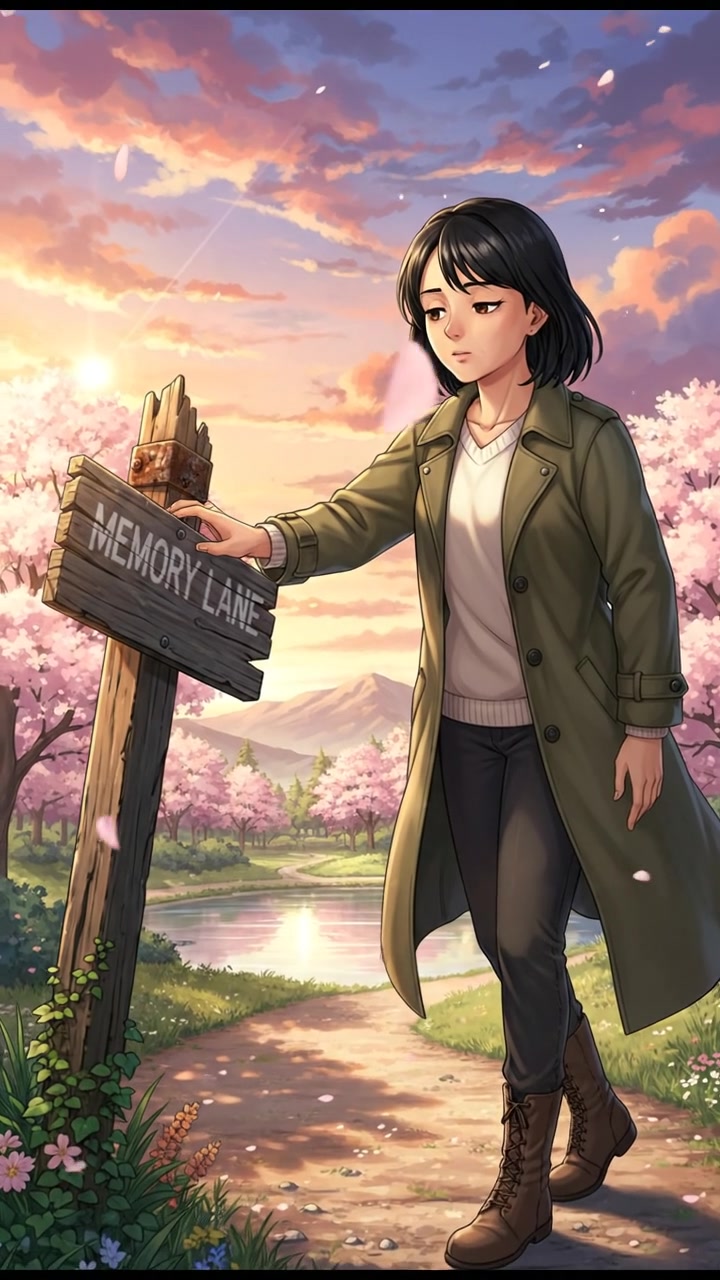 Li reaching out to touch a broken signpost in a park.