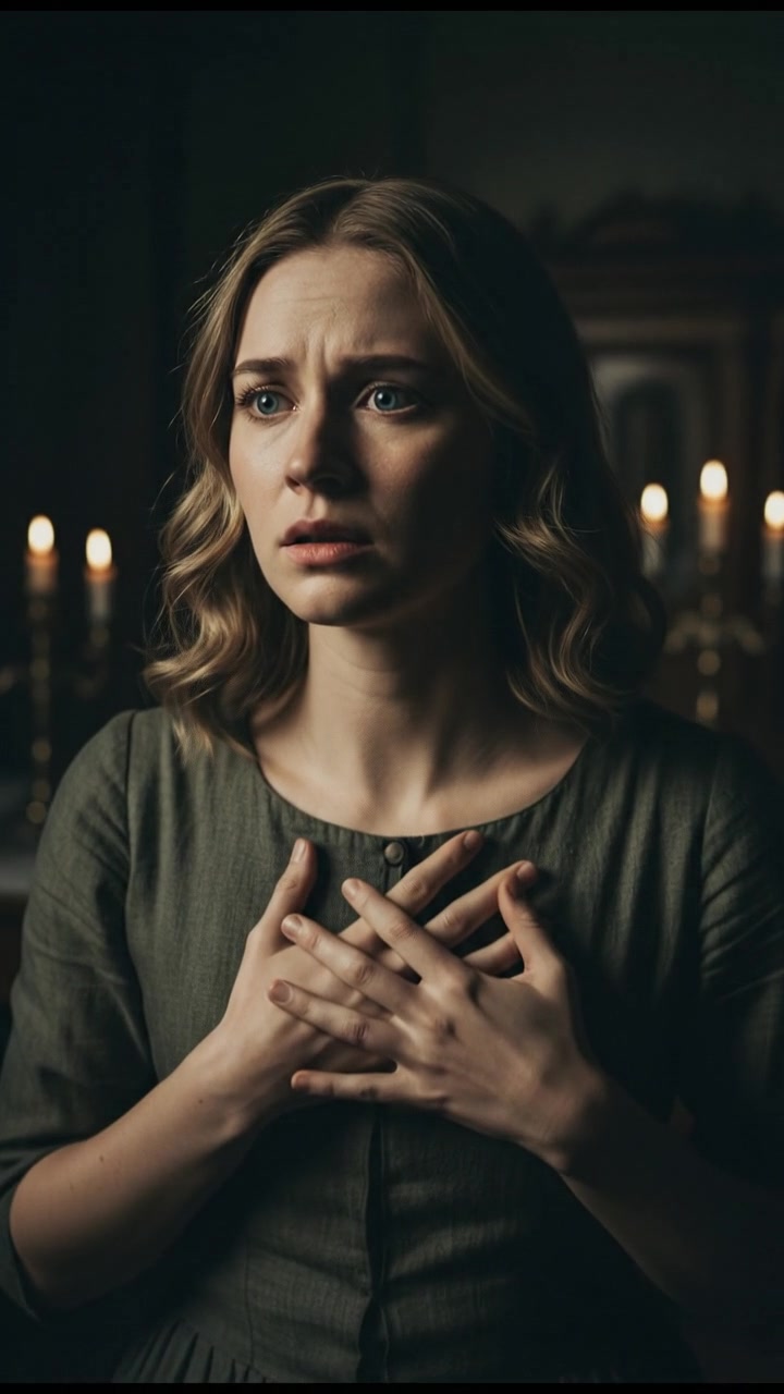 Close-up of Ashley looking nervous, hands pressed against her chest, listening intently.