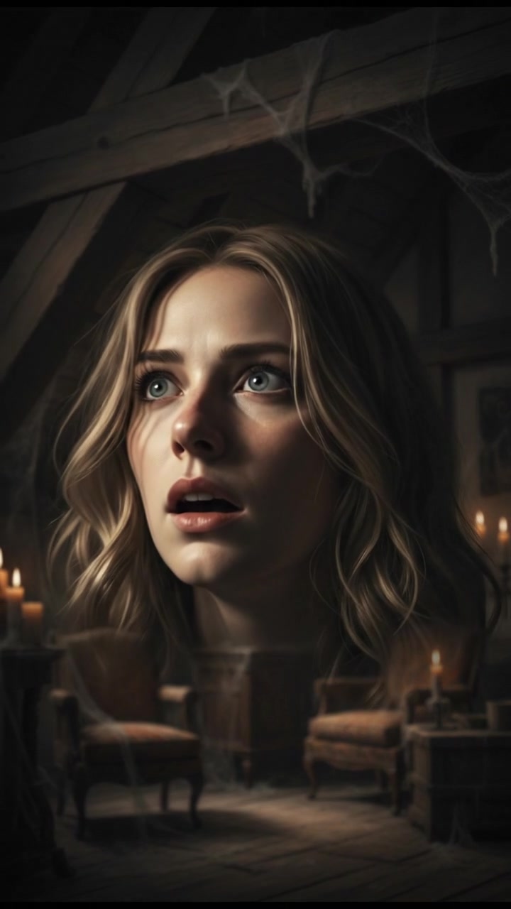 A close-up of Ashley's startled expression as she reacts to the sudden creak from above.