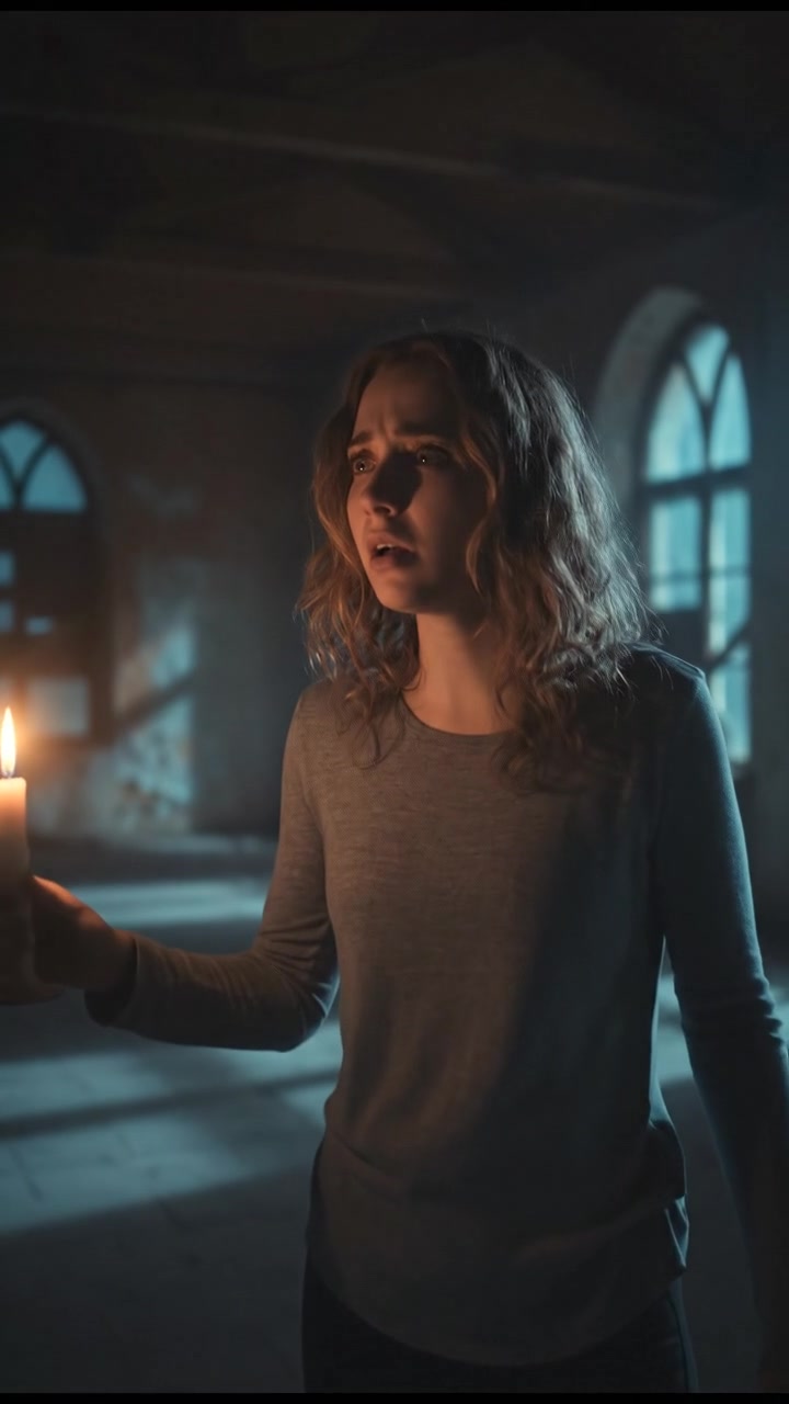 Ashley standing in an empty room, looking anxious as she calls out.