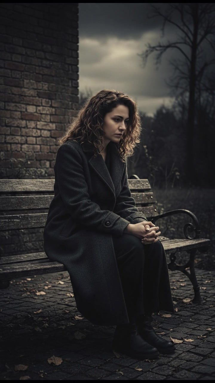 Maya sitting alone on a park bench, looking downcast with her hands in her lap.