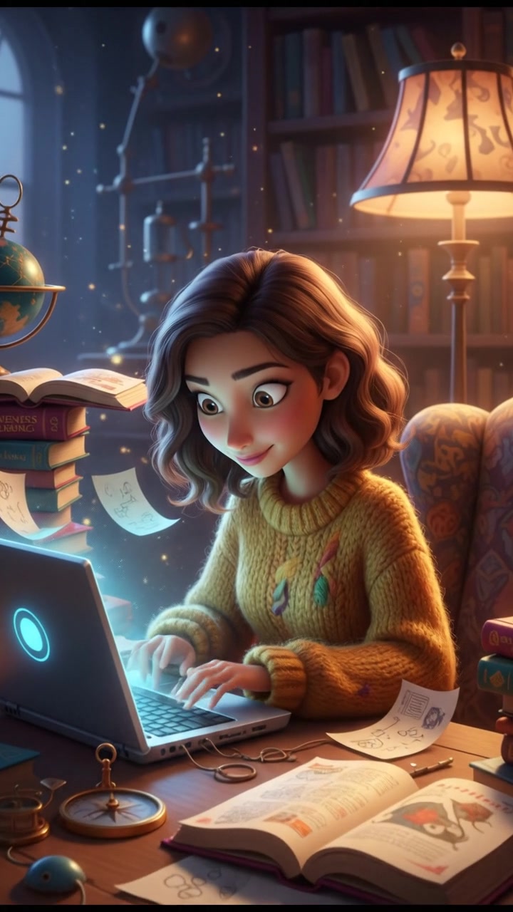 A close-up of Laila sitting at a desk, typing on a laptop surrounded by books and papers.