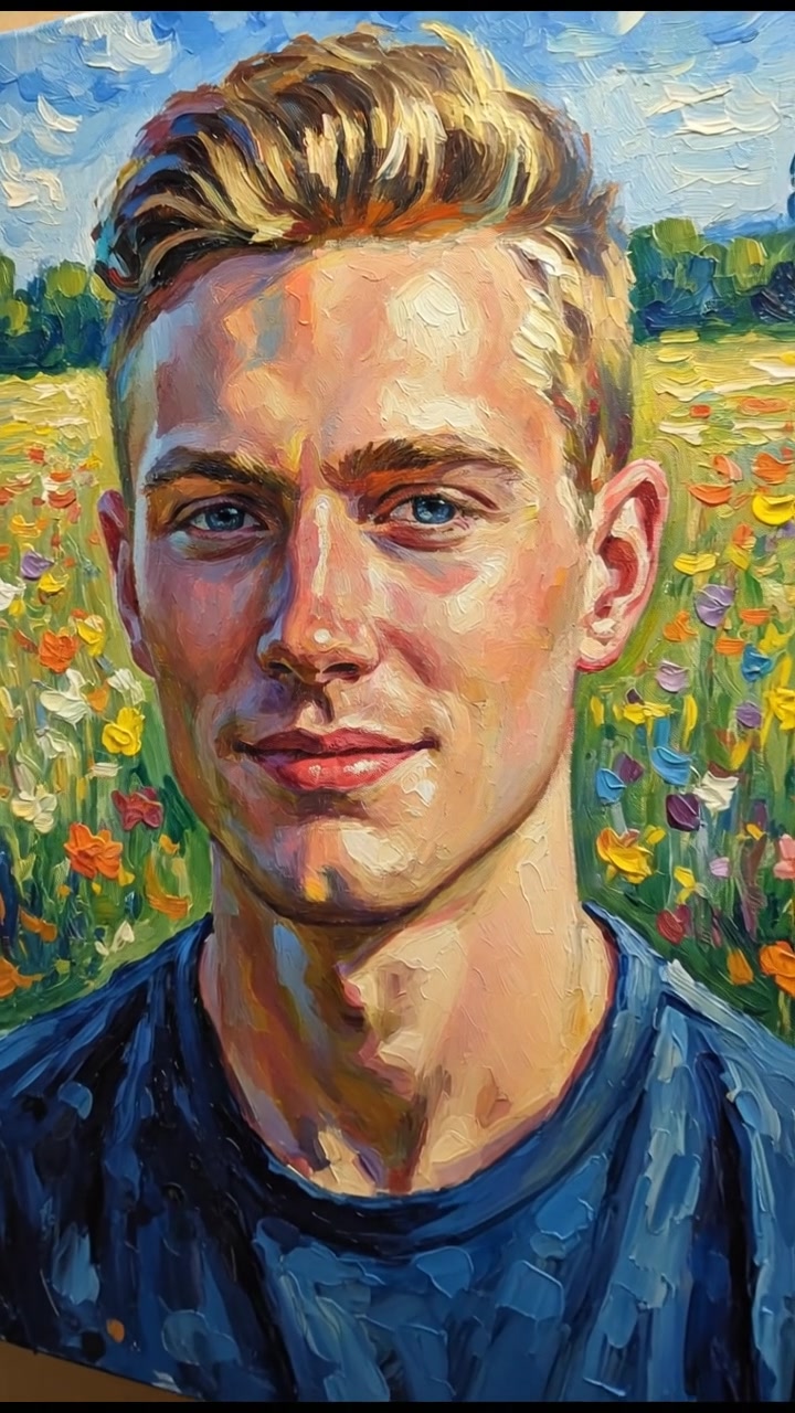 A close-up of Ryan's painting, with vibrant colors showcasing brush strokes.