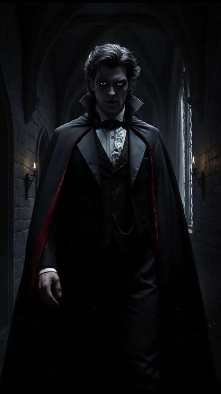 emerging from the shadows of a gothic hallway, eyes glowing faintly