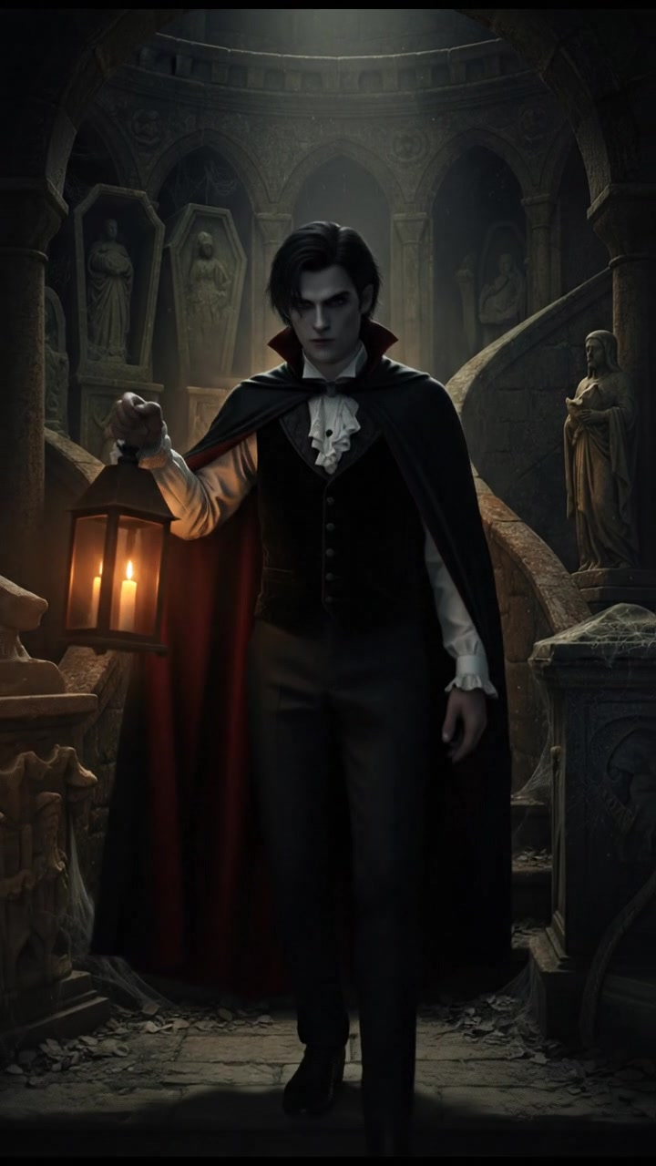 holding a lantern, slowly descending into the castle crypt