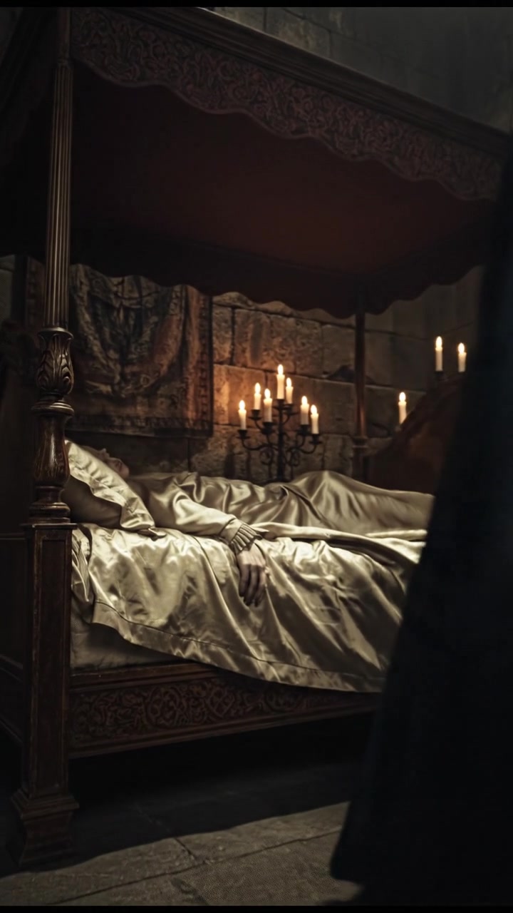 leaning over a sleeping guest, candlelight flickering across ancient stone walls