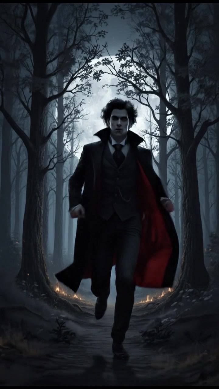 running through the forest as a dark silhouette appears against the rising moon